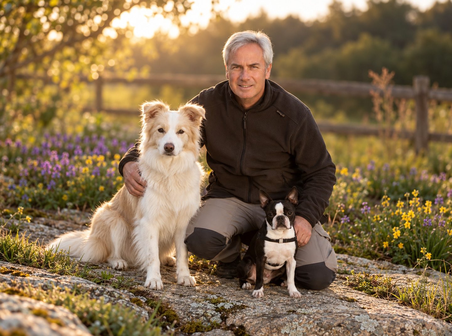 Chema, educador canino de Adiestracan, junto a dos perros al aire libre.